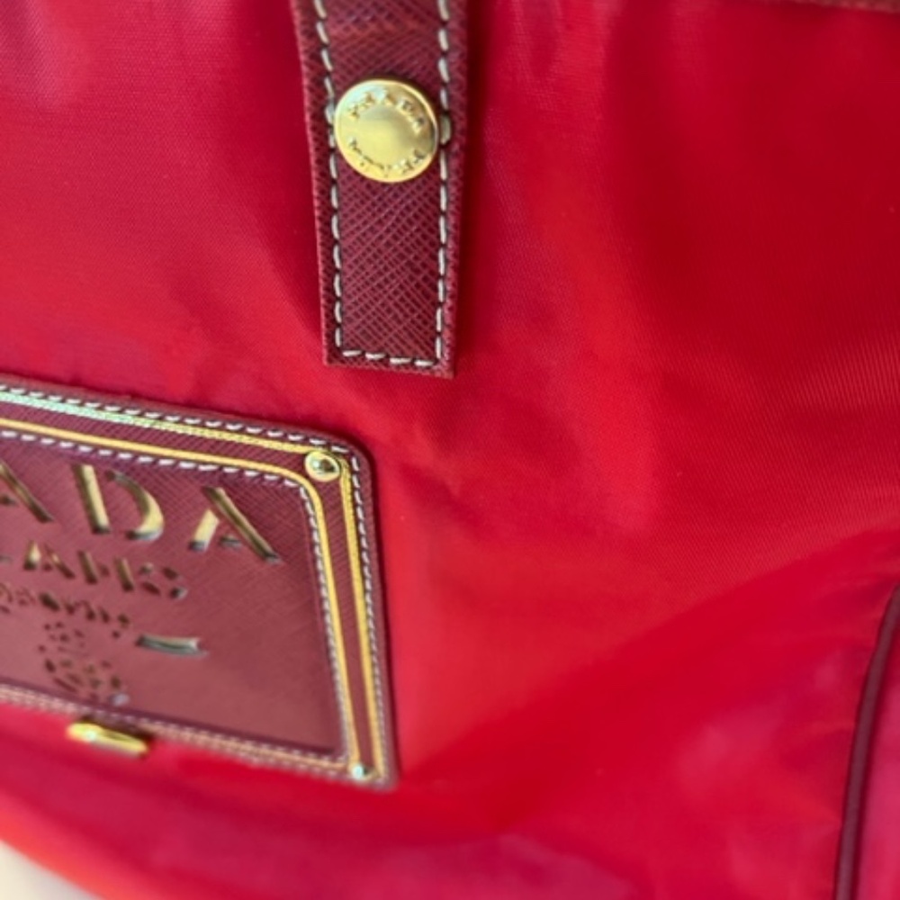 Prada Red Nylon and Leather Gold Lasercut Logo Shopper Tote. Rare color!